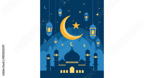 Ramadan Kareem illustration with mosque, crescent moon, and lanterns.