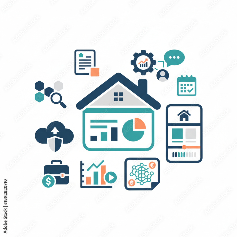 Fototapeta premium Smart home technology and real estate management vector illustration. Features icons for property data analytics, financial planning, cloud solutions, and digital business
