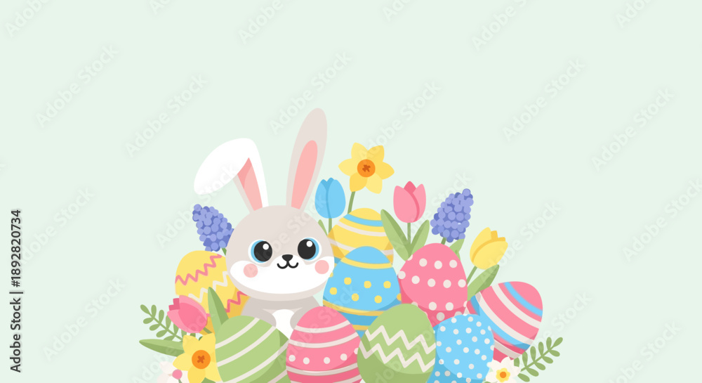Fototapeta premium Easter Bunny Surrounded by Colorful Eggs and Spring Flowers.