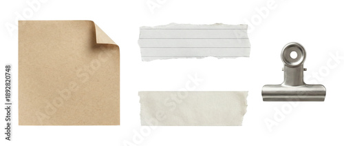 Картината върху платно Set of kraft sheet with curled corner lined torn scrap blank strip and metal cli