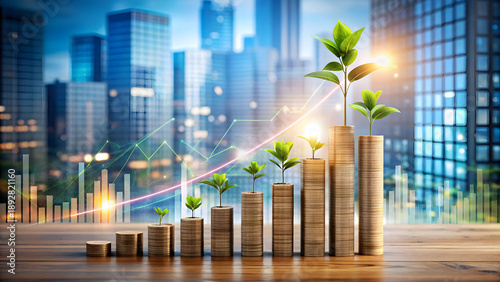 Business growth investment coins with plants urban skyline sunset background