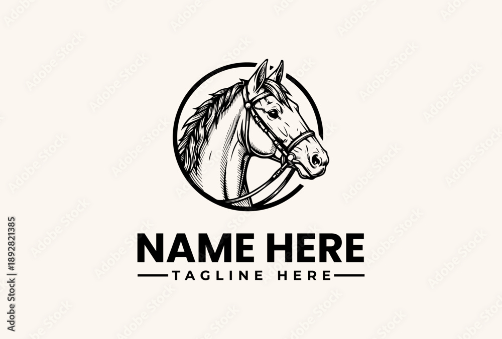 Fototapeta premium Black and white vector illustration of a horse's head within a circle, accompanied by placeholder text for a logo or brand name on a plain beige background.