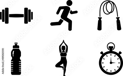 Collection of fitness icons including dumbbell, runner, jump rope, water bottle, yoga pose, and stopwatch