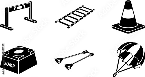 Collection of sports and agility training equipment icons in isometric view