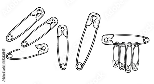 Assorted safety pins in various orientations and configurations, showcasing different sizes and uses in a simple line drawing style.