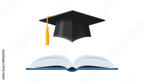 Graduation cap golden tassel floating over open book blue cover white pages white background studio shot