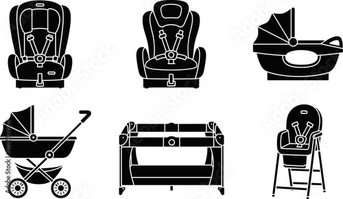 Collection of baby transport and feeding equipment icons in silhouette