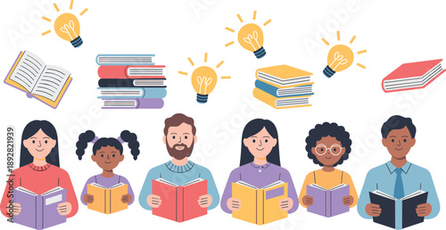 Reading and education illustration with diverse people, books, and light bulbs in flat vector style for learning, creativity, and knowledge themes.