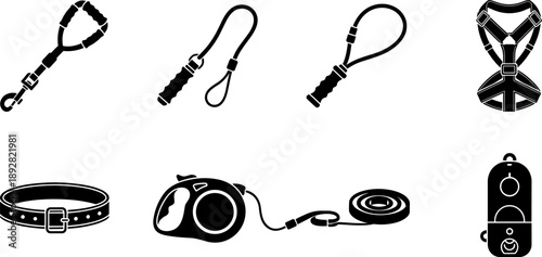 Collection of dog walking accessories including leashes, collars, and harnesses