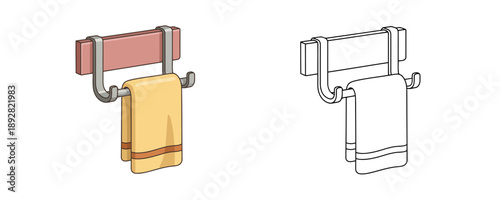 Metal over-door rack with hanging yellow towel in cartoon and outline styles with brown silver and yellow colors used for bathroom storage on white background