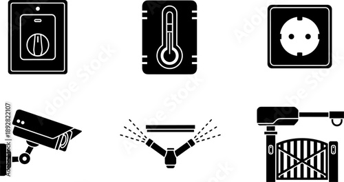 Smart home technology icons: security, climate, power, and automation devices