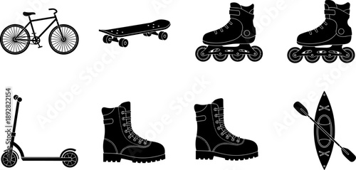 Collection of outdoor sports and adventure equipment icons on a white background