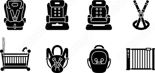 Collection of baby safety and transport icons including car seats, crib, and gate