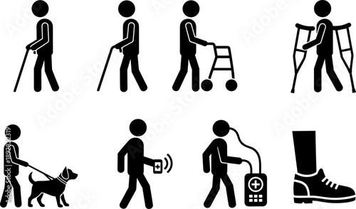 Collection of stick figures representing people with disabilities and medical aids