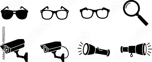 Collection of black icons representing surveillance, vision, and investigation tools