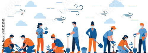 Community gardening illustration with masked people planting together outdoors – teamwork, environmental care, and public health awareness in flat vector cartoon style