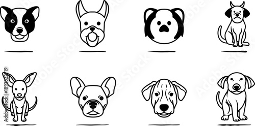 Collection of eight unique dog breeds illustrated in a simple, modern line art style