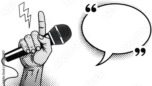 Public speaking and communication line art illustration showing hand holding microphone with speech bubble for announcement concept