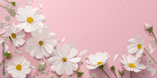 A beautiful spring nature background featuring a floral border of pink blossoms, white daisies, and purple chrysanthemums blooming in a garden with green plants and isolated yellow petals