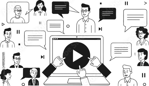 Online video communication line art illustration showing virtual meeting, media playback, and digital conversation among remote participants