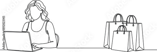 Online shopping concept line art illustration showing woman using laptop with shopping bags representing ecommerce and digital retail