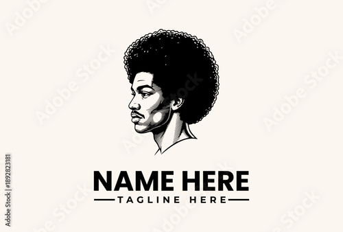 Vector illustration of a man's head with afro hairstyle and placeholder text for name and tagline on a beige background.