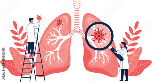 Lung disease medical illustration showing doctors analyzing virus infection inside human lungs representing respiratory health research concept