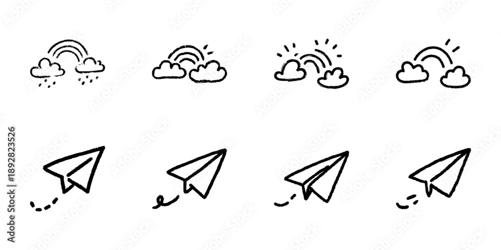 Obraz premium Clouds, Rainbows, And Paper Airplanes Line Icon Set In Doodle Style. Weather Changes And Freedom Of Flight Outline Sketch Collection. Hand Drawn Isolated Vector Illustration