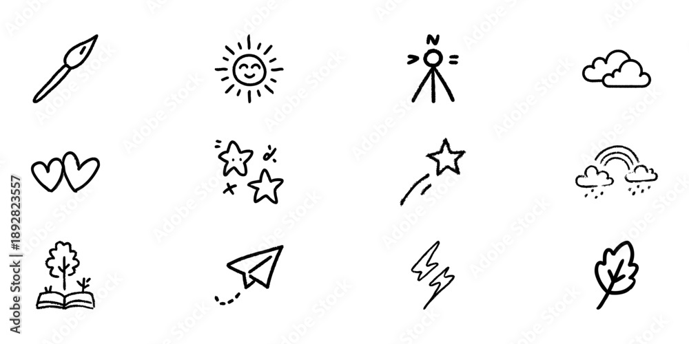 Fototapeta premium Doodle Style Icon Set Featuring Nature, Creativity, And Emotions. Artistic Expression, Weather Symbols, And Emotional Elements Outline Sketch Collection. Hand Drawn Isolated Vector Illustration