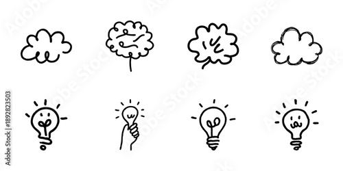 Cloud And Light Bulb Line Icon Set In Doodle Style. Creativity, Innovation, And Brainstorming Outline Sketch Collection. Hand Drawn Isolated Vector Illustration