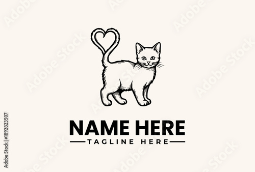 A black line drawing of a cat forming a heart with its tail, with space for a logo and tagline in a simple design.