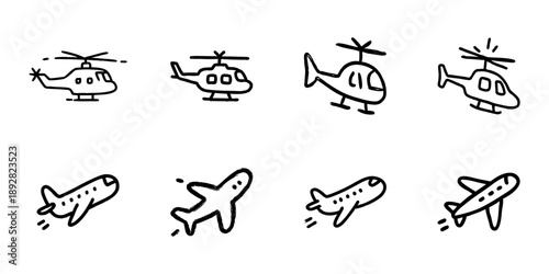 Helicopter And Airplane Line Icon Set In Doodle Style. Aviation And Air Travel Transportation Outline Sketch Collection. Hand Drawn Isolated Vector Illustration