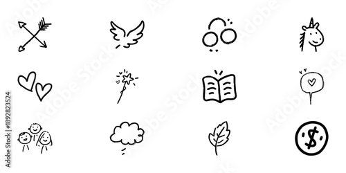 Hand Drawn Doodle Icons Set. Love, Freedom, Creativity, Knowledge, Fantasy, Nature And Finance Symbols Doodle Sketch Collection. Emotional Expression, Storytelling Concepts. Isolated Vector