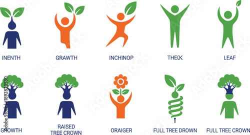 Nature-human fusion icon set — twelve stylized figures with leaves and tree elements, ideal for themes of growth, ecology, wellness, and environmental symbolism.