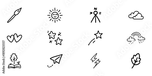 Doodle Style Icon Set Featuring Nature, Creativity, And Emotions. Artistic Expression, Weather Symbols, And Emotional Elements Outline Sketch Collection. Hand Drawn Isolated Vector Illustration