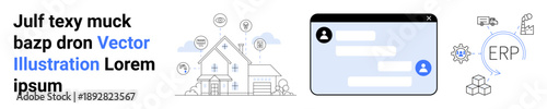 Smart homes, communication tools, ERP software, internet of things, automation, app interfaces. A smart home, chat bubbles and ERP icons displayed. Smart homes and communication tools concept