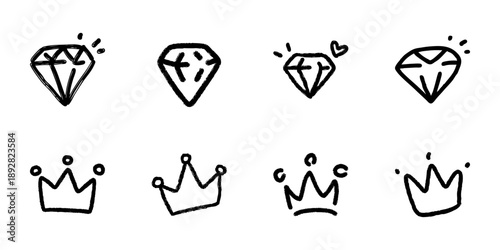 Diamond And Crown Line Icon Set In Doodle Style. Luxury, Wealth, And Royalty Symbol Outline Sketch Collection. Hand Drawn Isolated Vector Illustration