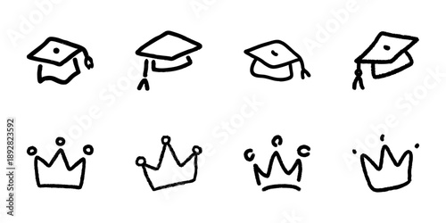 Graduation Cap And Crown Line Icon Set In Doodle Style. Education Achievement And Royalty Symbol Outline Sketch Collection. Hand Drawn Isolated Vector Illustration