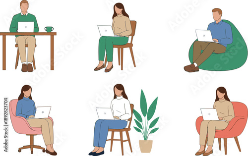 Remote work illustration set showing men and women using laptops at home in comfortable seating and casual workspace environments