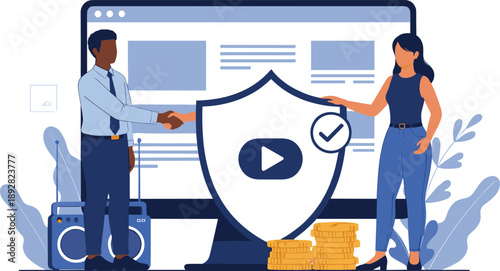 Online business security illustration showing partnership handshake, protected digital content, secure video platform, and trusted monetization concept
