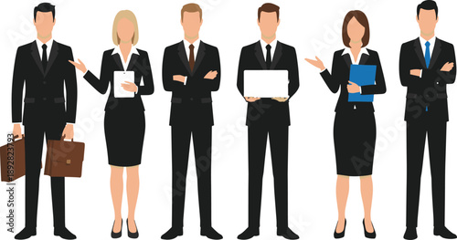 Professional business team illustration showing confident men and women in formal suits representing corporate leadership and office workforce