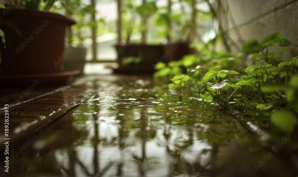 Naklejka premium A potted plant is sitting on a wooden floor