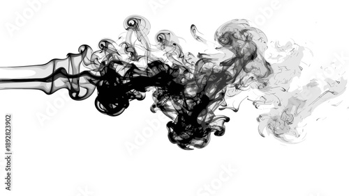 Abstract Black Smoke Wisps Flowing Against White Background.