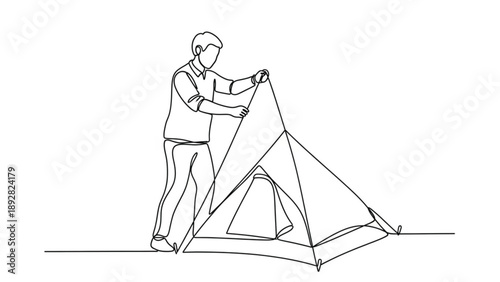 Simple vector illustration showing a person diligently pitching a tent, representing a tranquil outdoor activity and the excitement of a new camping adventure in the wilderness