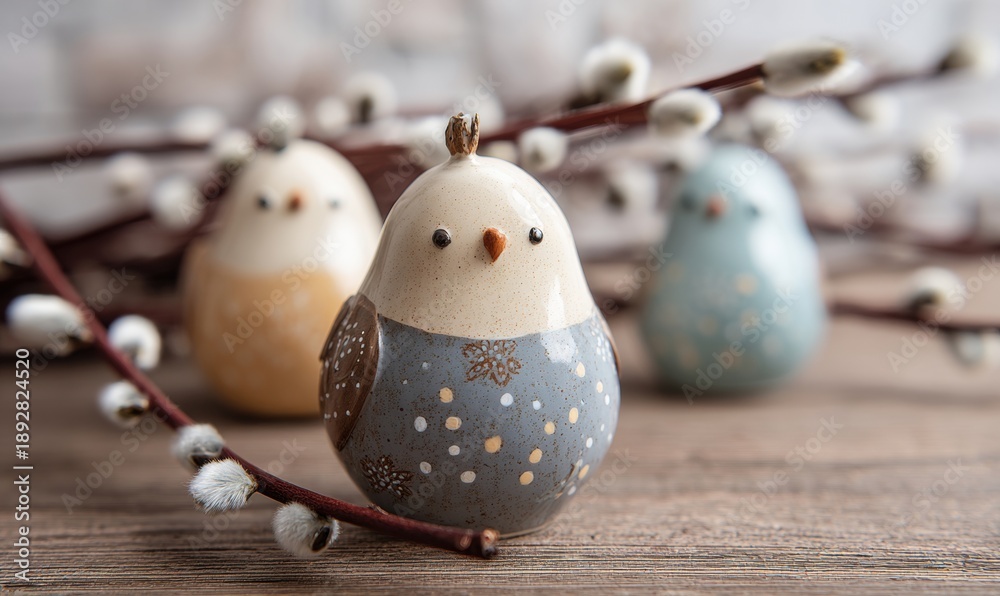 Naklejka premium Three small birds are sitting on a wooden surface