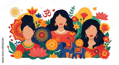 Vibrant Celebration of Indian Culture with Women, Elephants, and Flowers in Traditional Attire