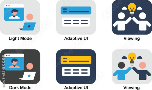 User interface concept icon set — six square illustrations showing light/dark modes, adaptive layouts, and collaborative viewing, ideal for UX, design, and tech visuals.