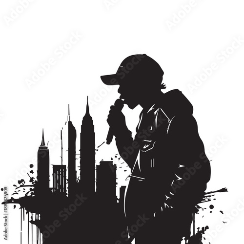Silhouette of musician performing in front of city skyline