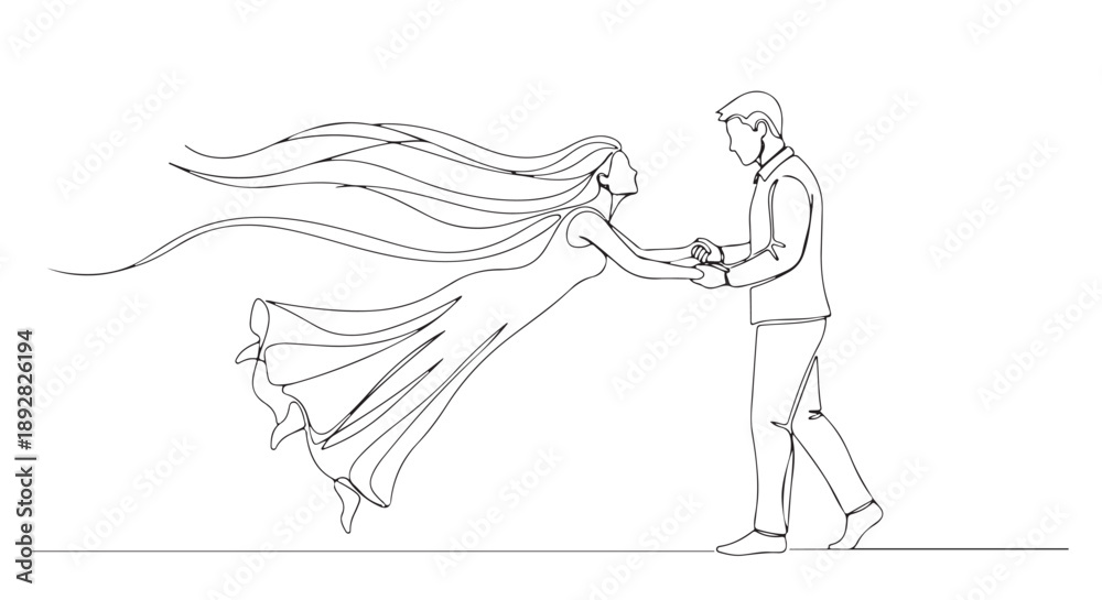 Fototapeta premium Continuous line drawing of a romantic couple dancing gracefully, capturing elegant movement and emotional connection in minimalist vector art