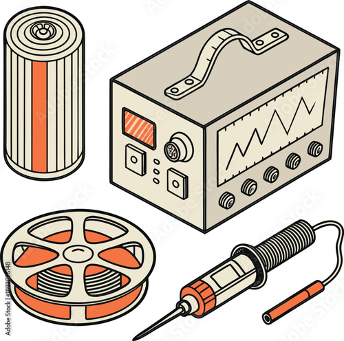 Electronics tools and components icon set. Includes battery, multimeter, soldering iron, and reel. Created in line style with orange and beige palette